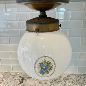 Vintage-Style White Glass Pendant Light with Blue Floral Medallion